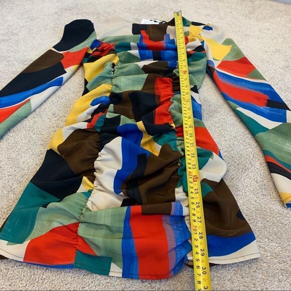 Zara multicoloured printed dress with draping long sleeve ruched Sz S NWT - Picture 8 of 10